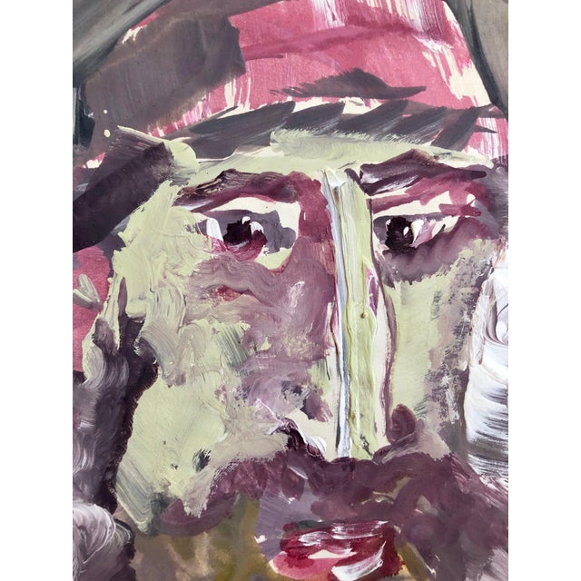 Folk Art Outsider Folk Art Expressionist Rabbi Israeli Painting Signed Hebrew Jewish Star For Sale - Image 3 of 6