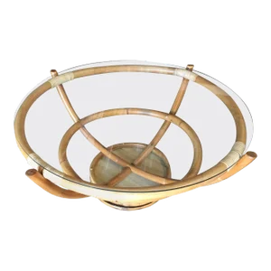 1950s Restored Four Pole Rattan Coffee Lazy Susan Table With Floating Glass Top