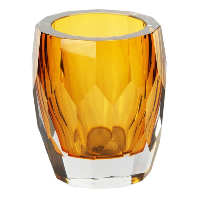 Giacomo Hand Made Cut Polished Glass Vase/Hurricane, Amber For Sale