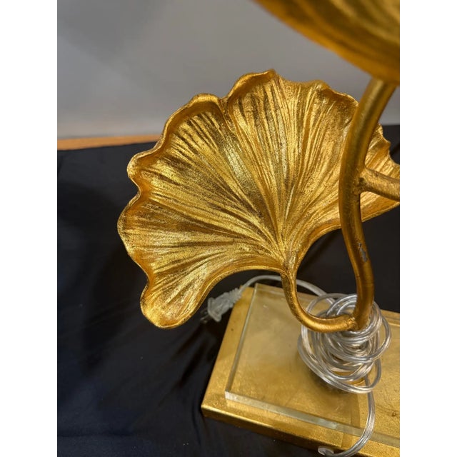 Late 20th Century Pair of Gilt Bronze Ginkgo Leaf Table Lamps With Shades For Sale - Image 4 of 13