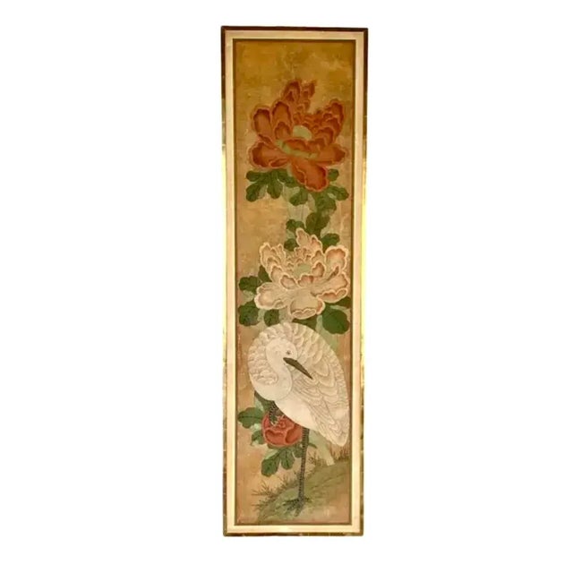 Pair Antique Chinese Hand Painted Wall Panels. Each panel depicts elegant white egrets among blooming peonies and...