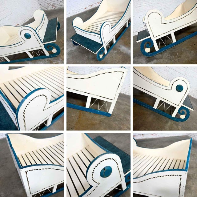 Vintage Sleigh-Style Dog Bed White With Blue Trim & Nail Head Design For Sale - Image 11 of 13