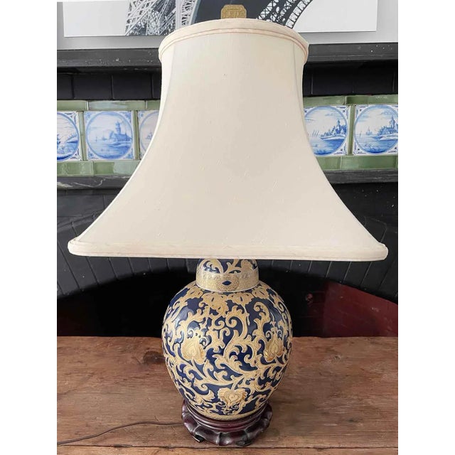 Wood Vintage Ceramic Lamp With Deep Blue and Gold Design For Sale - Image 7 of 7