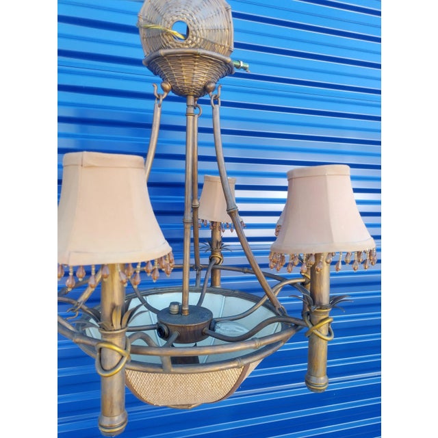 Brown Vintage British Colonial 10 Light Grass Cloth Bottom Chandelier Light Fixture For Sale - Image 8 of 11