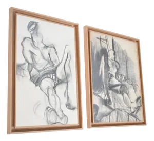 Man Portrait Diptych, 1960s, Charcoal & Chalk Drawing