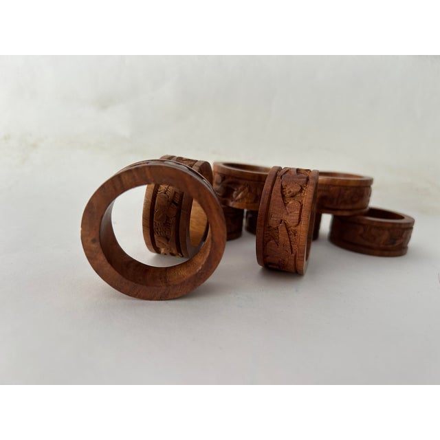 Modern 70's Vintage Carved Wood Napkin Rings Set of 8 For Sale - Image 3 of 4