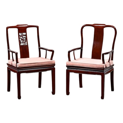 Late 20th Century Ming Style Rosewood Armchairs With Pink Velvet