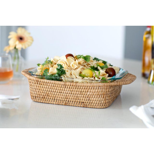Boho Chic Artifacts Rattan Square Baker Basket with Pyrex in Honey Brown - 2 Pieces For Sale - Image 3 of 8