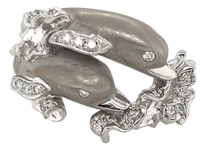 Mid 20th Century Carrera y Carrera Diamond 18k White Gold Double Dolphin Ring Size 5