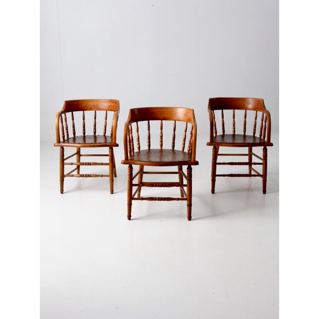 Antique Wood Captain's Chairs Set 3 For Sale - Image 10 of 15
