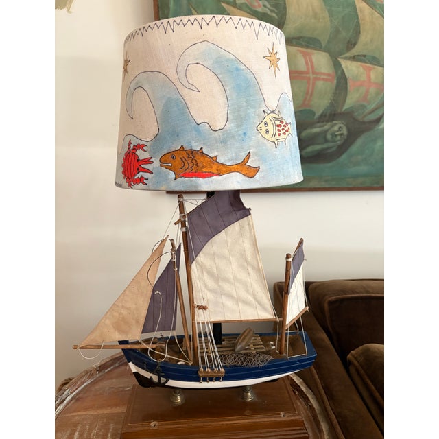 1970s Model Ship Turned Lamp With Custom Shade For Sale - Image 4 of 5