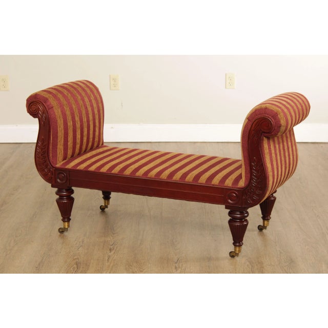 High Quality Carved Mahogany Frame Custom Upholstered Backless Window Bench with Scrolled Arms, Rolling Brass Casters