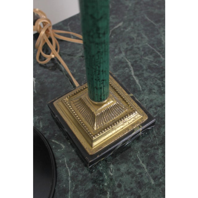 Metal Regency Style Green Column Table Lamp W. Tole Shade For Sale - Image 7 of 10