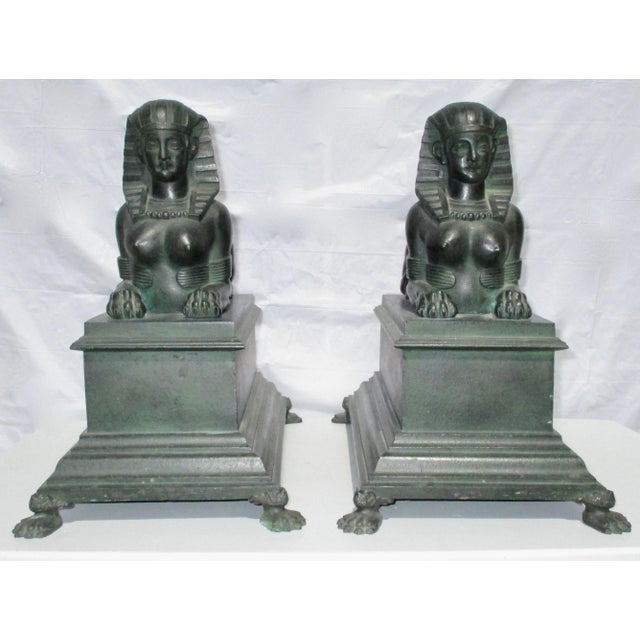 Late 19th Century Vintage Patinated Bronze Sphinx Statues- A Pair For Sale - Image 12 of 12