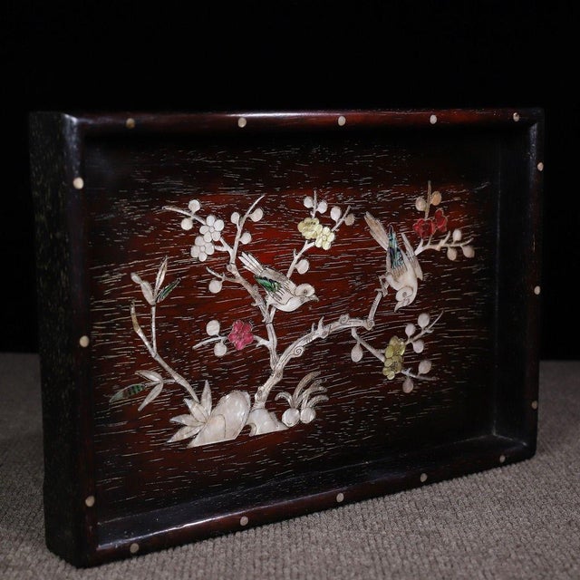 Wood Dark Wood Tea Tray With Mother-of-Pearl Bird and Floral Inlay For Sale - Image 7 of 10