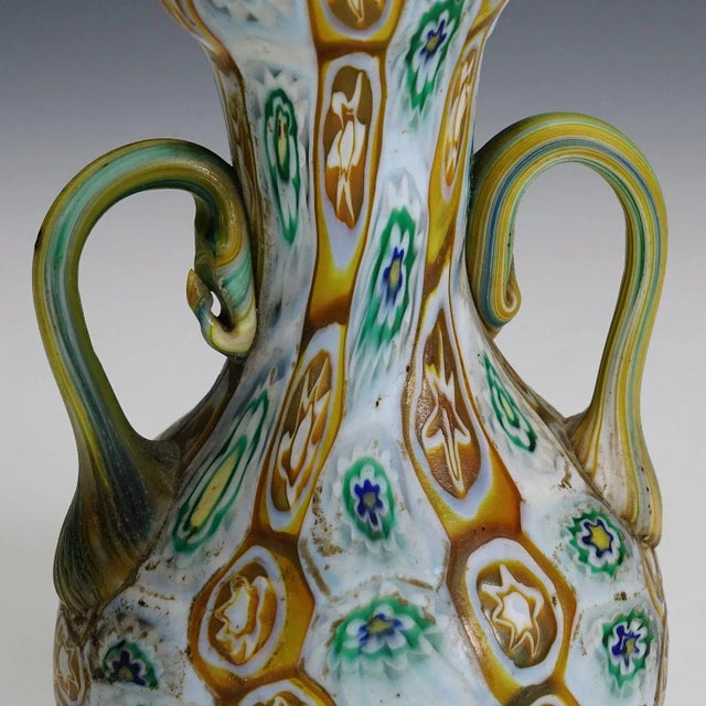 Fratelli Toso Antique Millefiori Vase in Brown, Green and White, Fratelli Toso Murano 1910 For Sale - Image 4 of 7