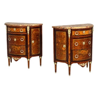 Louis Xvi, Diminutive Demilune Commodes, Inlaid Wood, Bronze, France, 19th C. For Sale