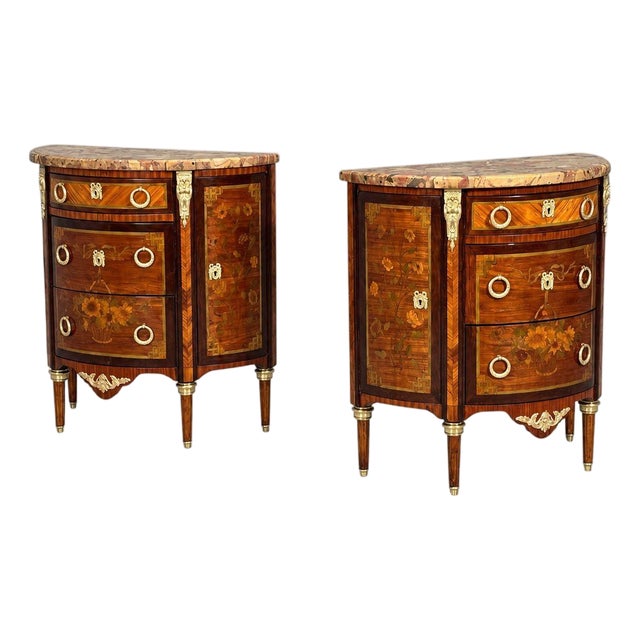 Louis Xvi, Diminutive Demilune Commodes, Inlaid Wood, Bronze, France, 19th C. For Sale