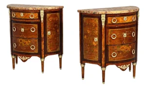 Louis Xvi, Diminutive Demilune Commodes, Inlaid Wood, Bronze, France, 19th C.