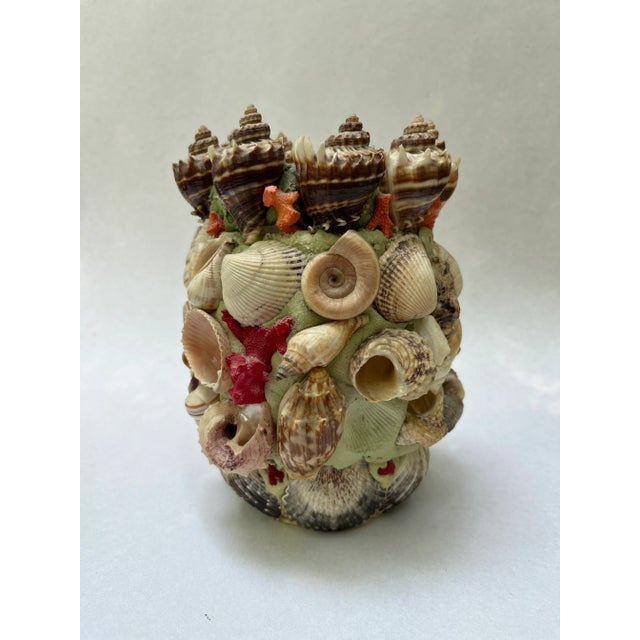 Vintage seashell encrusted round glass vase.