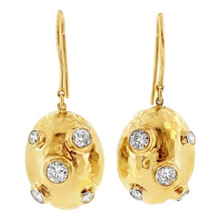 18k Hammered Finish Yellow Gold Diamond Dangle Earrings, Pair For Sale