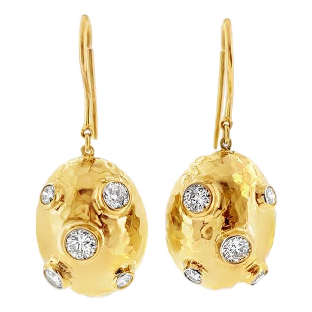 18k Hammered Finish Yellow Gold Diamond Dangle Earrings, Pair For Sale