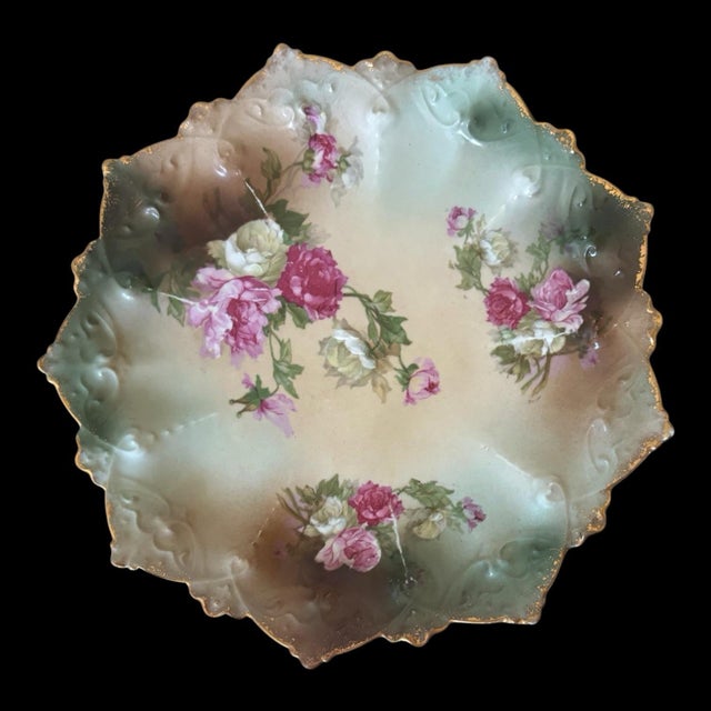 Green Antique Mz Austria Rose Porcelain Plate, Scalloped Gold Rim, Green Floral Cabinet Plate, Moritz Zdekauer, Circa 1900 For Sale - Image 8 of 9