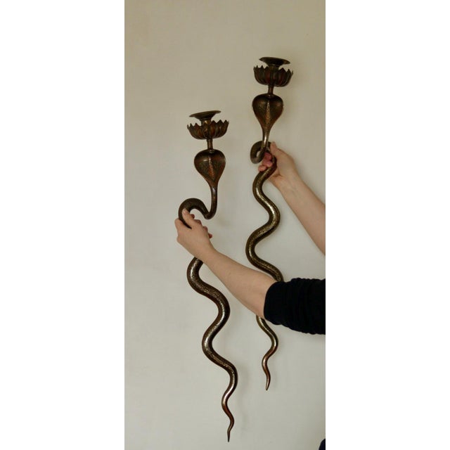 Egyptian Revival Style Engraved Brass Cobra Sconces, Set of 2 For Sale - Image 9 of 18