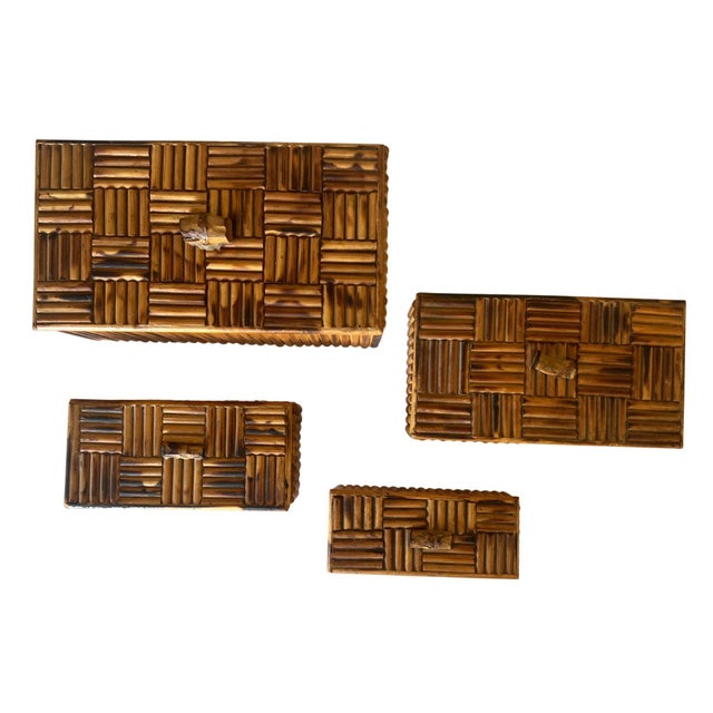 Vintage Bamboo Parquet Boxes With Bamboo Root Pulls, Graduated - Set of 4 For Sale - Image 13 of 13