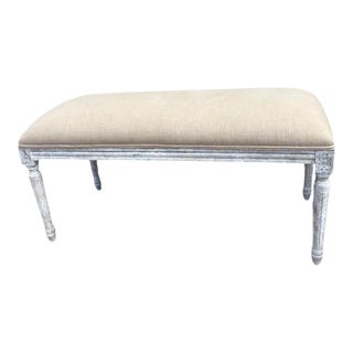 Vintage Luis XVI Style French Bench With Patina Wood and Linen Upholstery For Sale