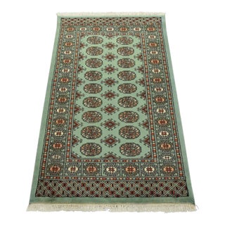 Bokhara Rug 3’2” X 5’2” Green Wool Tribal Hand-Knotted Oriental Carpet For Sale