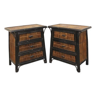 Mid 20th Century Pair of Asian Style Bamboo & Wicker End Tables For Sale