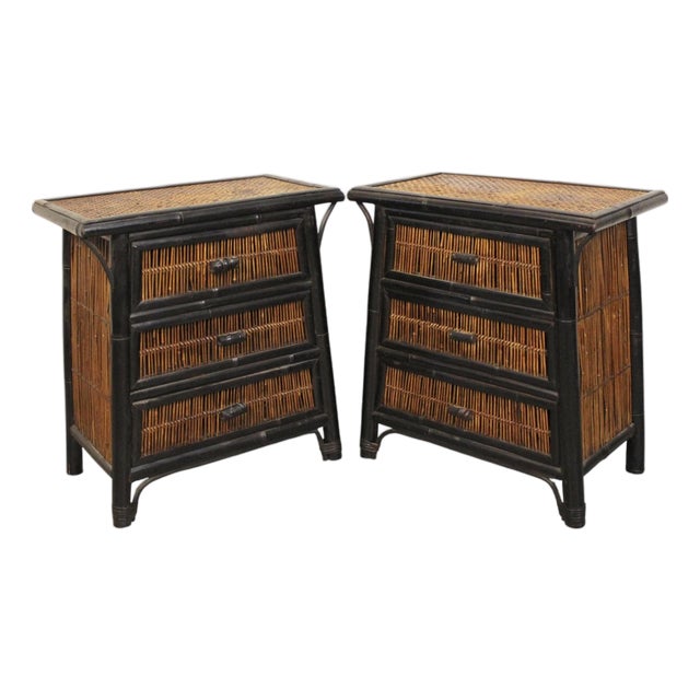 Mid 20th Century Pair of Asian Style Bamboo & Wicker End Tables For Sale