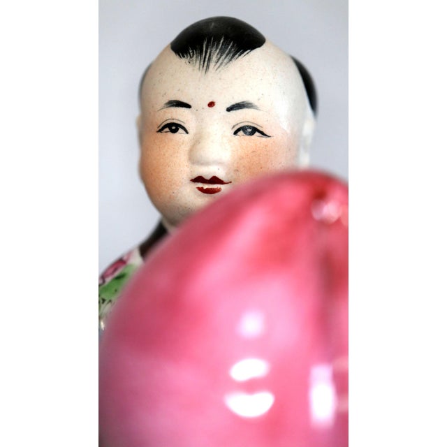 Wood 1940s Hand Painted Porcelain Chinese Figuirines on Gourds Bearing Gifts - a Pair For Sale - Image 7 of 12