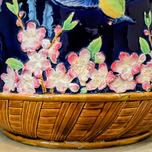 Blue Antique English Victorian George Jones & Sons Majolica Jardinière, Blue Birds & Blooms, Circa 1875 For Sale - Image 8 of 15