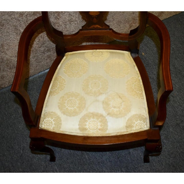 1900 - 1909 Antique Mahogany Boudoir Armchair Edwardian Inlaid Marquetry Accent Side Chair For Sale - Image 5 of 13