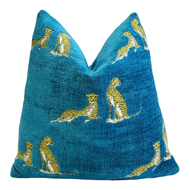 Aquamarine Embroidered Cheetah Throw Pillow With Feather Down Insert For Sale
