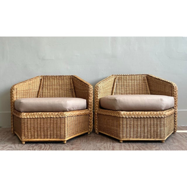 Vintage Coastal Brown Jordan Faceted Rattan Lounge Chairs - A Pair For Sale In West Palm - Image 6 of 12