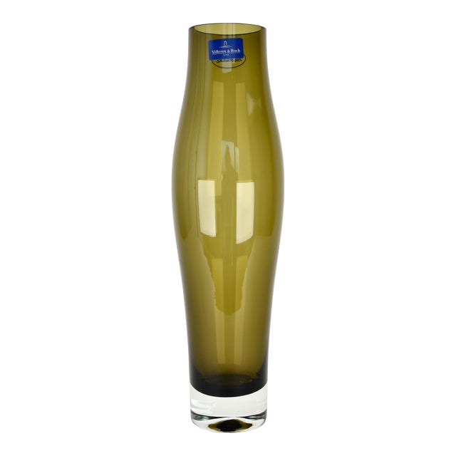 Villeroy & Boch Olive Green Glass Vase | Mid Century Modern Style Clear Base Germany Venini Murano Contemporary Decoration Safari Holmegaard For Sale