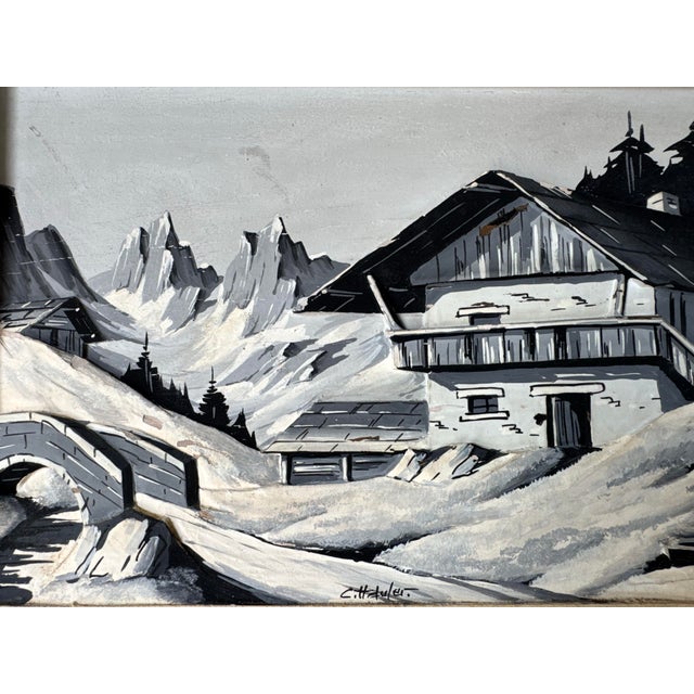 1970s Vintage Carved Wood Relief Winter Landscape Painting, Signed For Sale - Image 9 of 12
