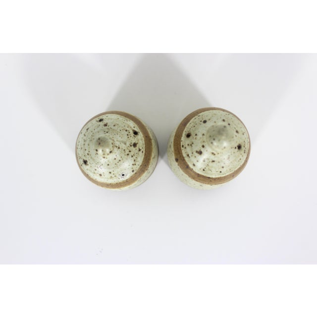 Mid-Century Modern Vintage Studio Pottery Salt and Pepper Shakers Speckled Stoneware Signed by Artist For Sale - Image 3 of 7