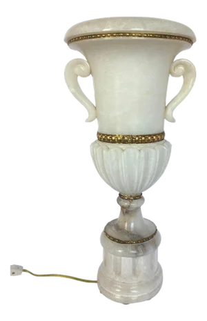 Vintage Tall Carved Alabaster Marble and Bronze Urn Table Lamp