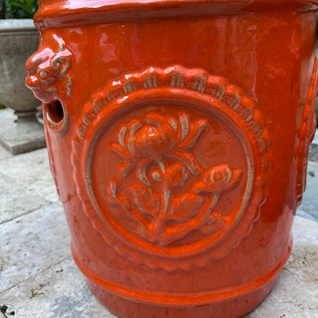 Mid Century Orange Ceramic Garden Stools With Floral Medallions & Lion Head Handles For Sale In Washington DC - Image 6 of 12