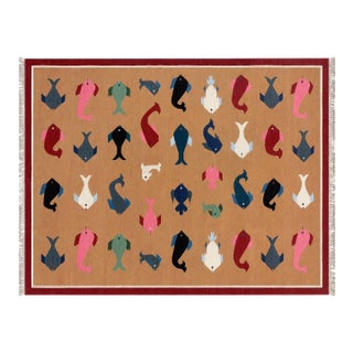 Handmade Cotton Vegetable Dyed Flat Weave Area Rug, Tan, Red Fish Patterned Dhurrie - 9'x12' For Sale