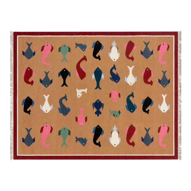 Handmade Cotton Vegetable Dyed Flat Weave Area Rug, Tan, Red Fish Patterned Dhurrie - 9'x12' For Sale