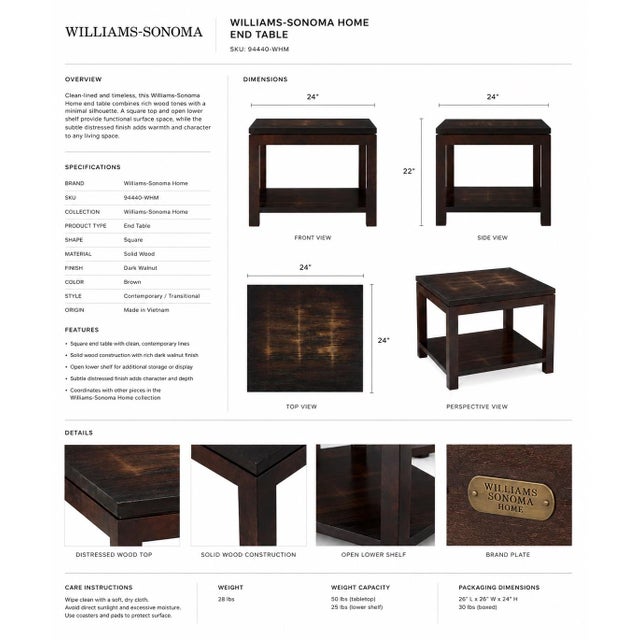 Contemporary Late 20th Century Williams-Sonoma Home Dark Walnut End Table With Lower Shelf For Sale - Image 3 of 4