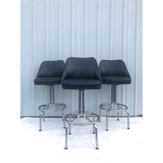 Mid Century Modern Black Vinyl Swivel Bar Stools Set of 3 Chairish