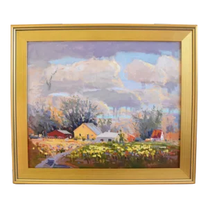 Silvio Silvestri, Listed Artist Farmhouse and Floral Landscape Oil Painting W/ Antiqued Gold Wood Frame