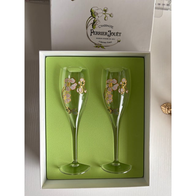 Traditional Perrier-Jouët Hand Painted Vintage Champagne Flutes- A Pair in Original Box For Sale - Image 3 of 11