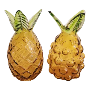 Murano Style Amber Green Glass Cut Pineapple Room Decor- a Pair